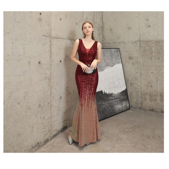 Red & Gold Sequin Dress Glitter Dress Formal Evening Gown Floor Length Ball Gown - Picture 12 of 12